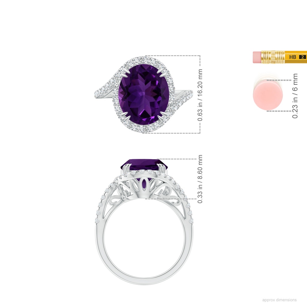 12.09x10.12x6.52mm AAA GIA Certified Oval Amethyst Bypass Shank Ring with Diamonds in White Gold ruler