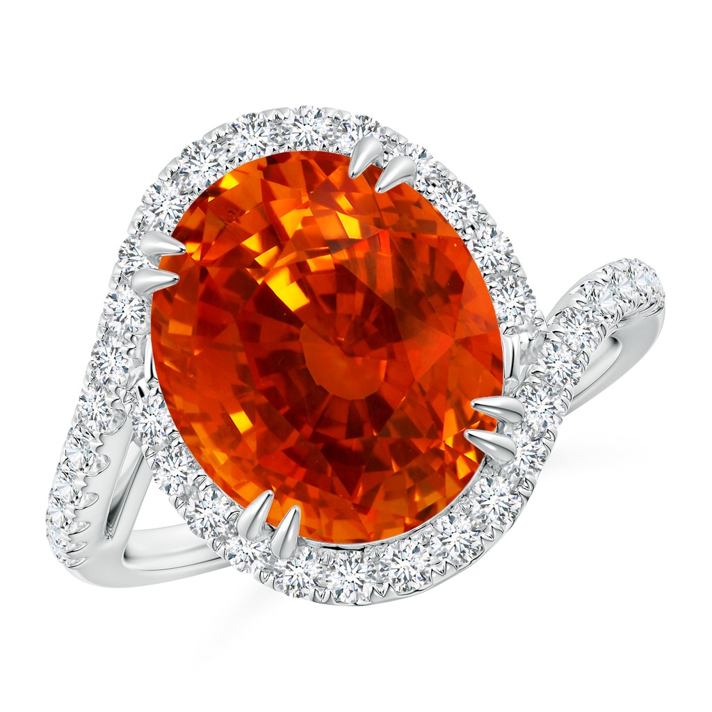 12.12x10.14x8.64mm AAAA GIA Certified Oval Orange Sapphire Bypass Shank Ring with Diamonds in 18K White Gold