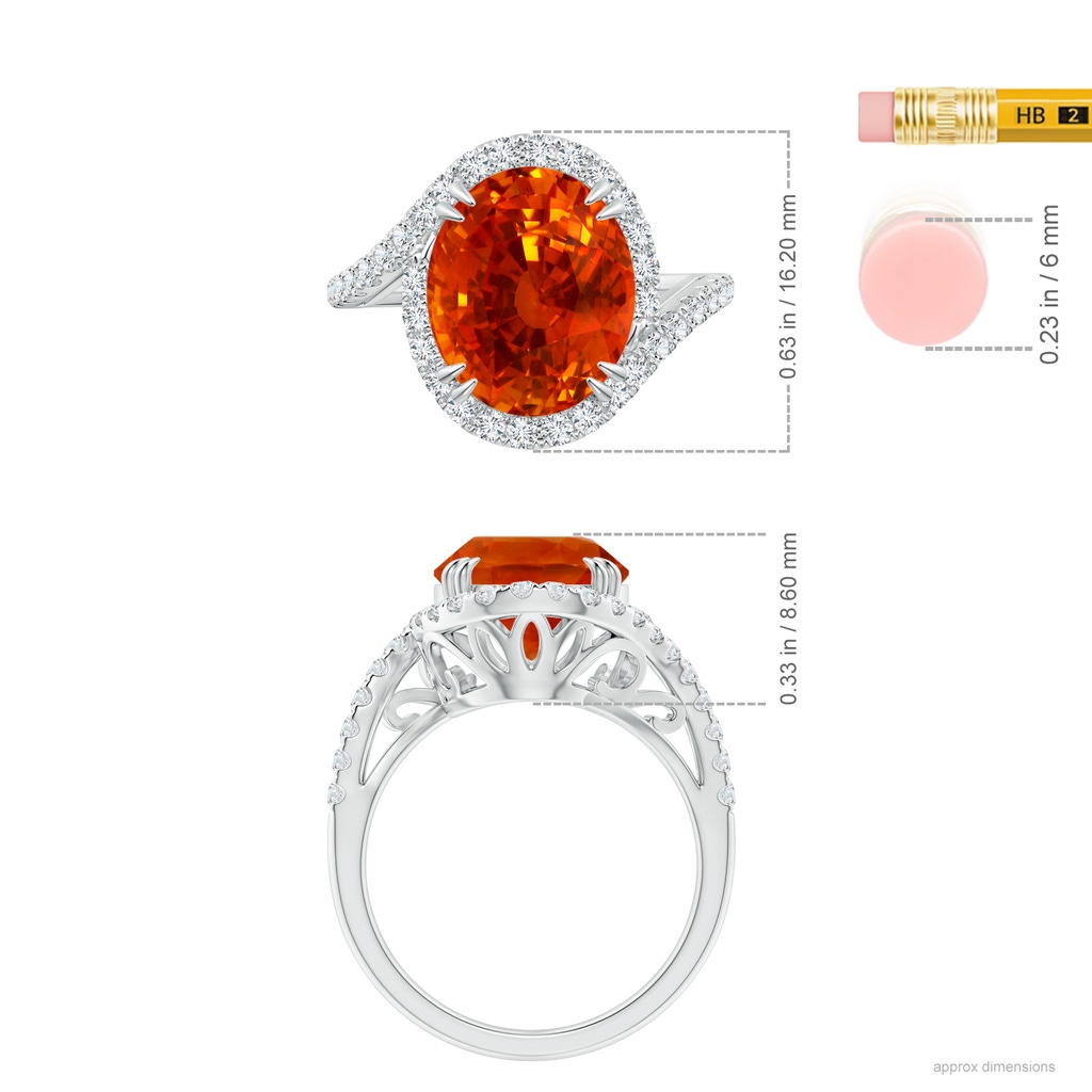 12.12x10.14x8.64mm AAAA GIA Certified Oval Orange Sapphire Bypass Shank Ring with Diamonds in 18K White Gold Ruler