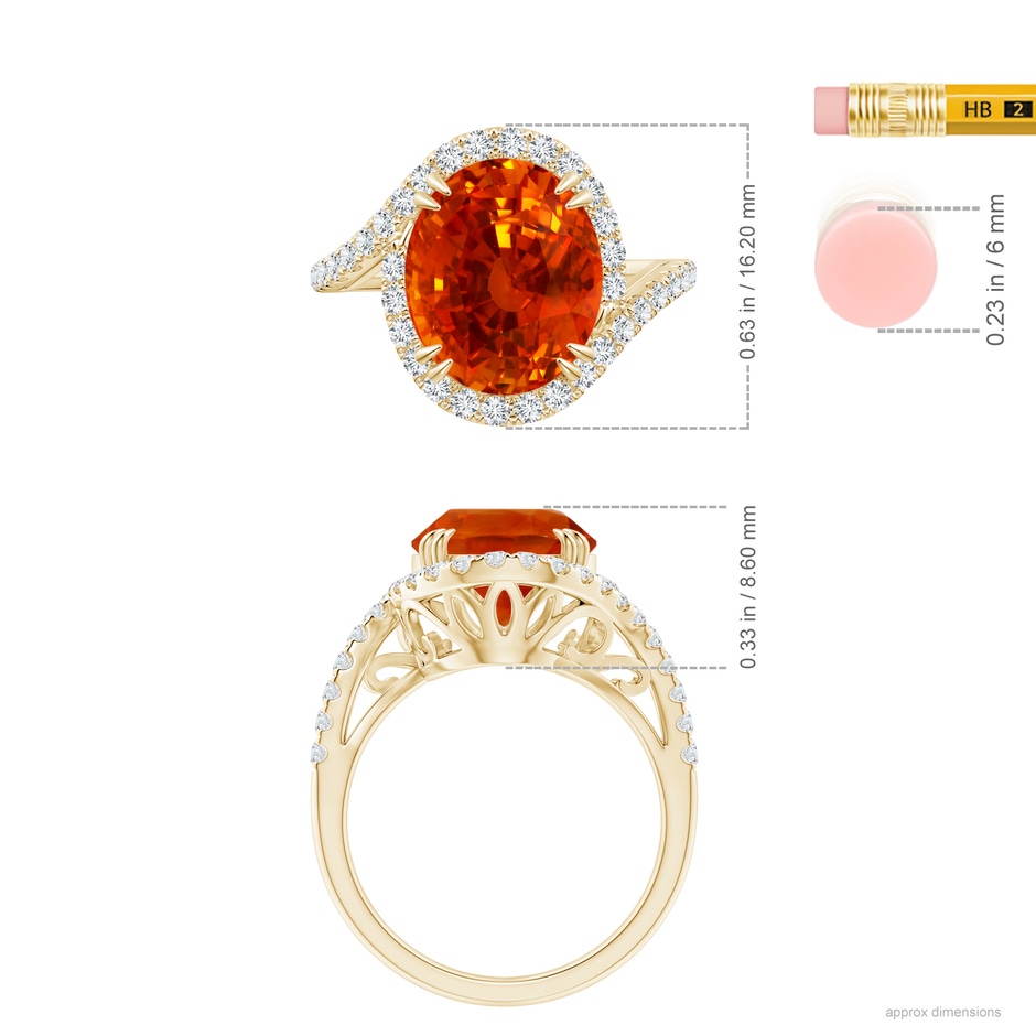 12.12x10.14x8.64mm AAAA GIA Certified Oval Orange Sapphire Bypass Shank Ring with Diamonds in 9K Yellow Gold ruler