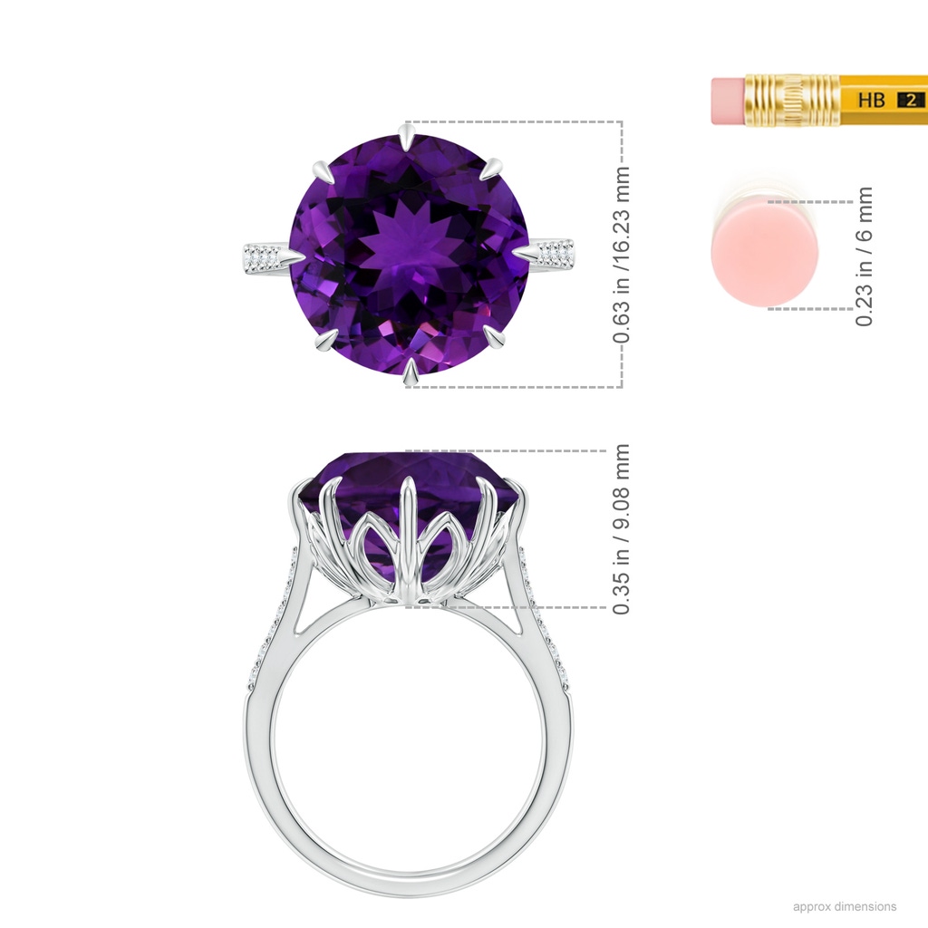 14.13x14.09x9.33mm AAAA Classic GIA Certified Round Amethyst Ring with Diamonds in 18K White Gold ruler