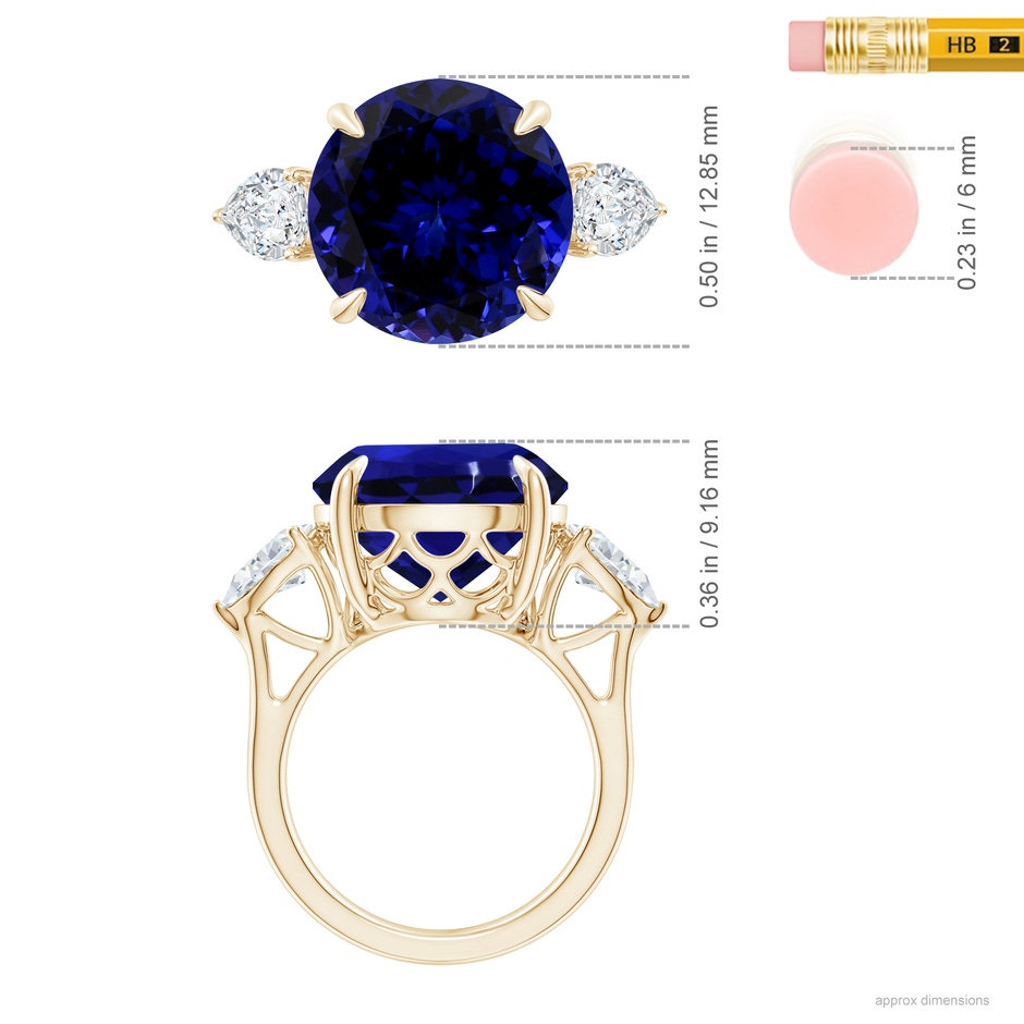 13.10x12.92x9.73mm AAAA GIA Certified Round Tanzanite Ring with Pear Diamond's in Yellow Gold ruler