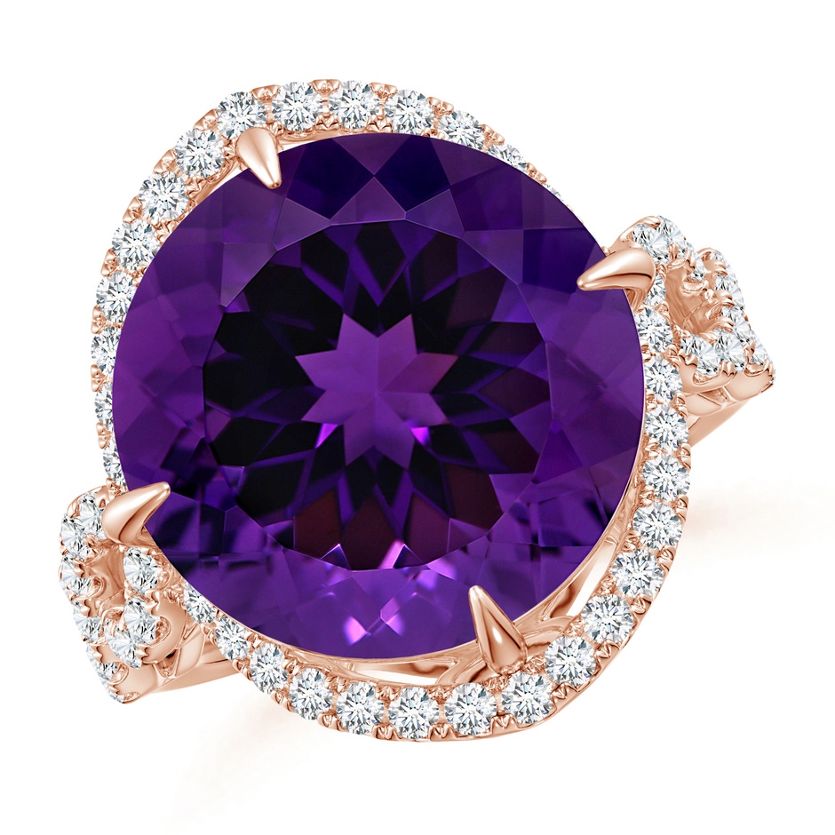 15.00x14.93x9.36mm AAAA GIA Certified Round Amethyst Twisted Split Shank Halo Ring in 18K Rose Gold 