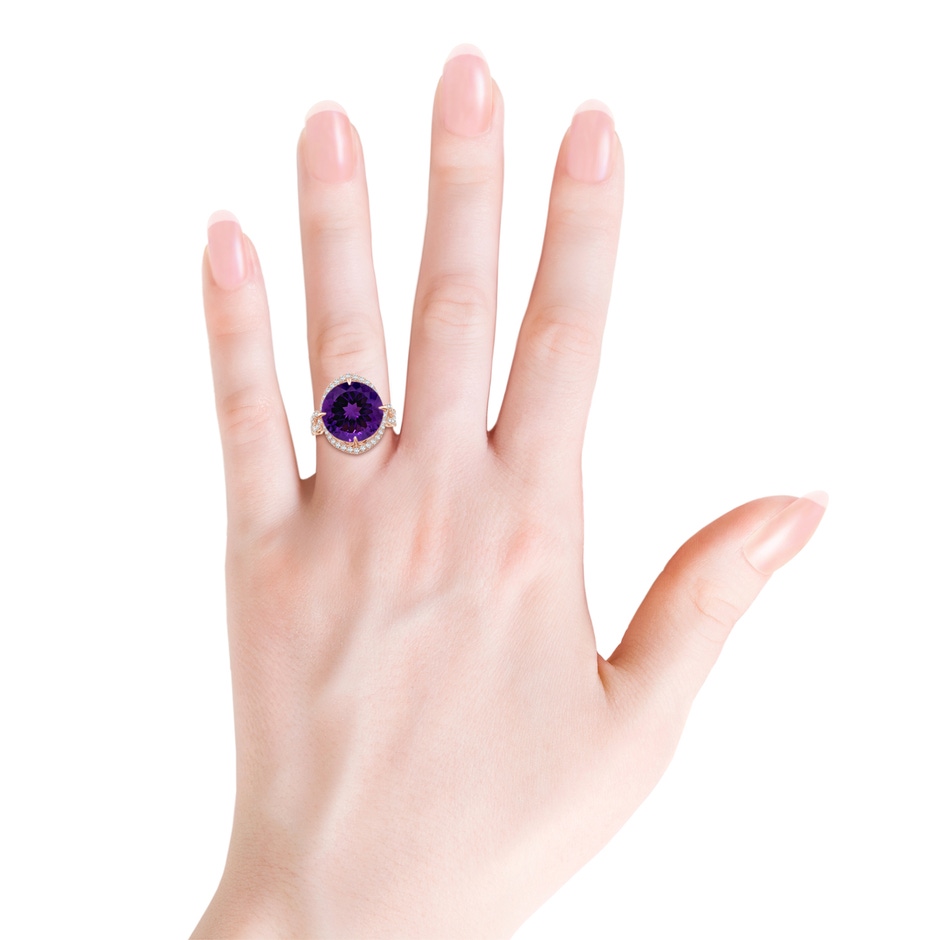 15.00x14.93x9.36mm AAAA GIA Certified Round Amethyst Twisted Split Shank Halo Ring in 18K Rose Gold hand