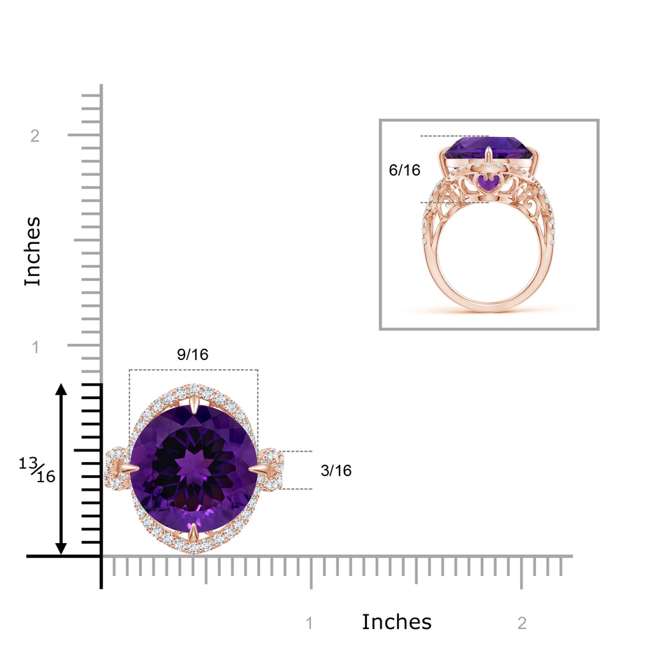 15.00x14.93x9.36mm AAAA GIA Certified Round Amethyst Twisted Split Shank Halo Ring in 18K Rose Gold ruler