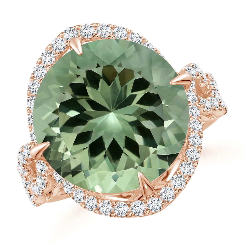 14.18x14.12x8.75mm AAA GIA Certified Round Green Amethyst Twisted Split Shank Halo Ring in 9K Rose Gold