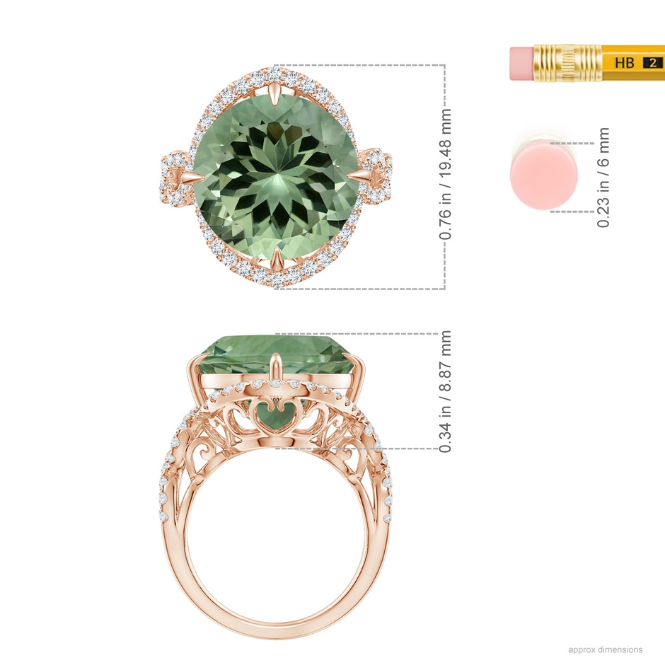 14.18x14.12x8.75mm AAA GIA Certified Round Green Amethyst Twisted Split Shank Halo Ring in Rose Gold ruler