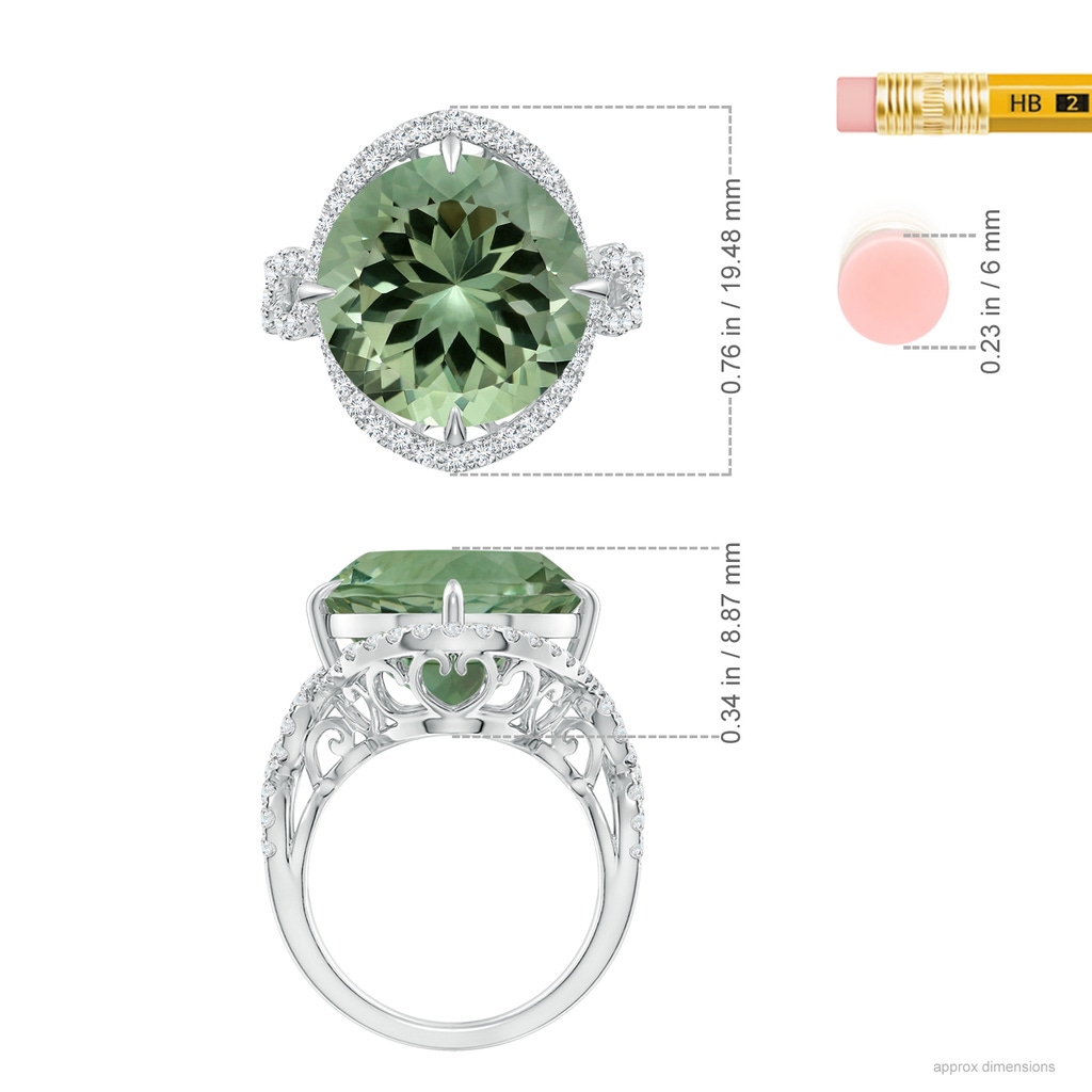 14.18x14.12x8.75mm AAA GIA Certified Round Green Amethyst Twisted Split Shank Halo Ring in White Gold ruler