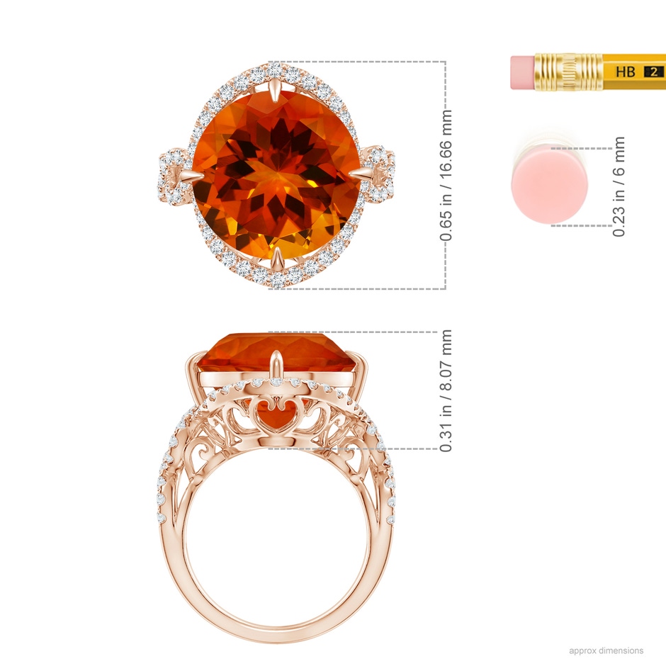 12.10-12.15x7.65mm AAAA GIA Certified Round Citrine Twisted Split Shank Halo Ring in Rose Gold ruler