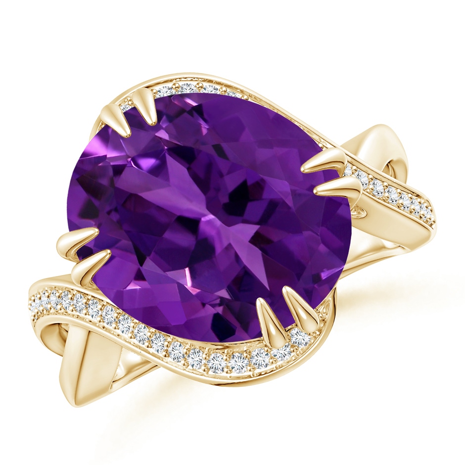 14.00x9.98x7.47mm AAA GIA Certified Oval Amethyst Bypass Ring with Diamond Accents in 18K Yellow Gold 