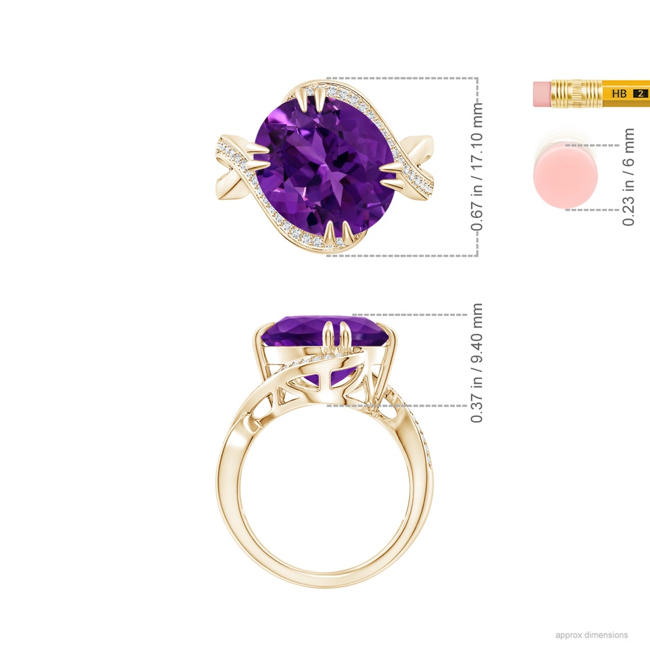 14.00x9.98x7.47mm AAA GIA Certified Oval Amethyst Bypass Ring with Diamond Accents in Yellow Gold ruler