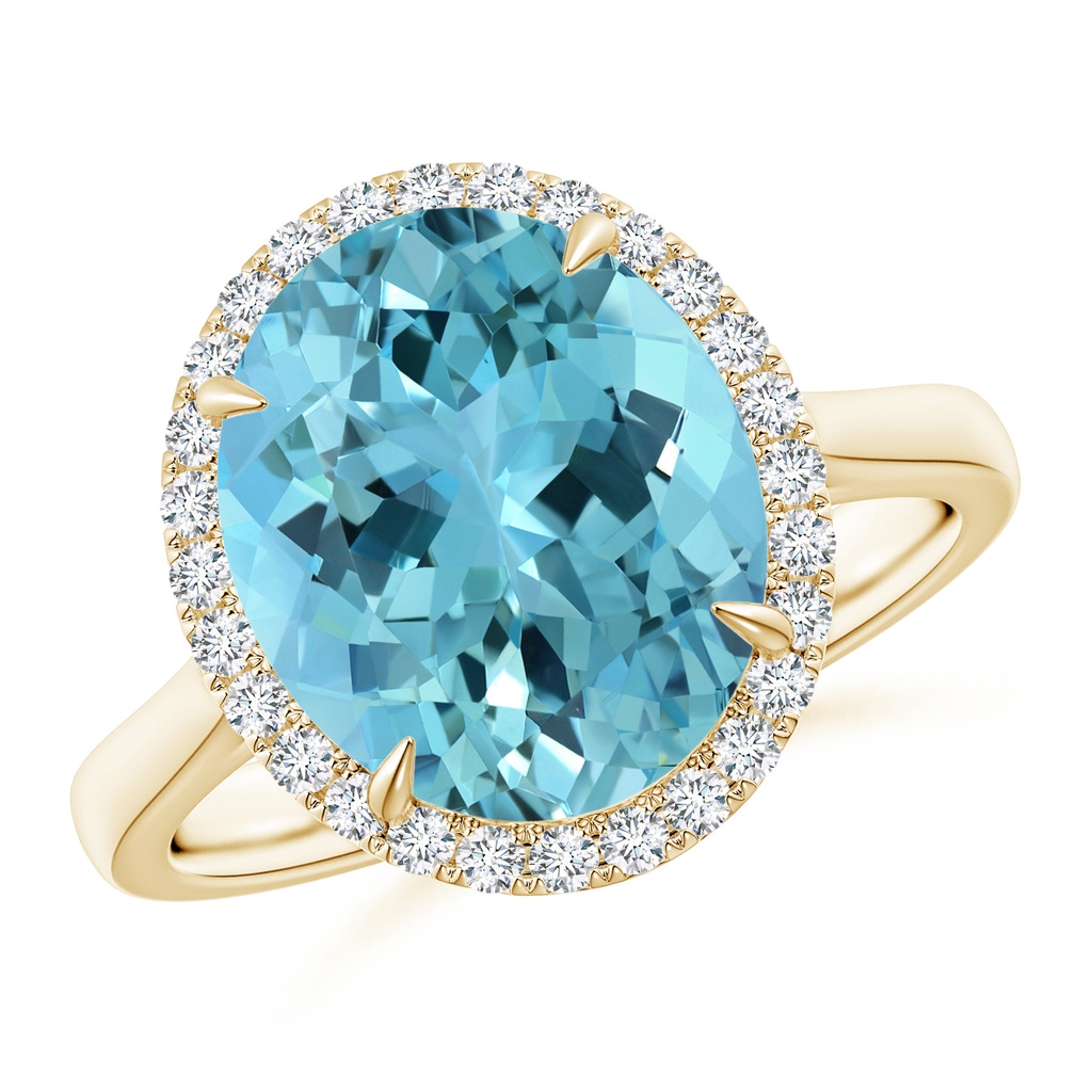 12.11x9.10x6.24mm AAA GIA Certified Oval Aquamarine Cathedral Ring in Yellow Gold