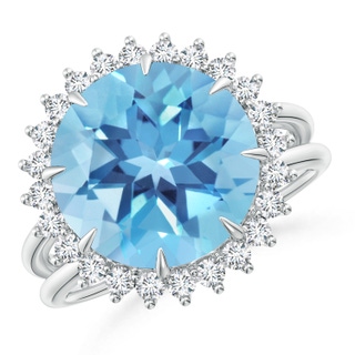 12mm A Classic Swiss Blue Topaz Ring with Diamond Halo in P950 Platinum