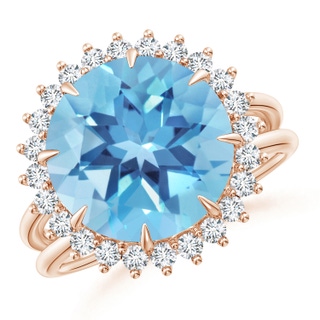 12mm A Classic Swiss Blue Topaz Ring with Diamond Halo in Rose Gold