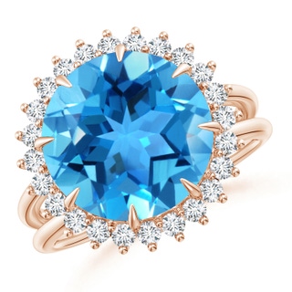 12mm AAA Classic Swiss Blue Topaz Ring with Diamond Halo in Rose Gold