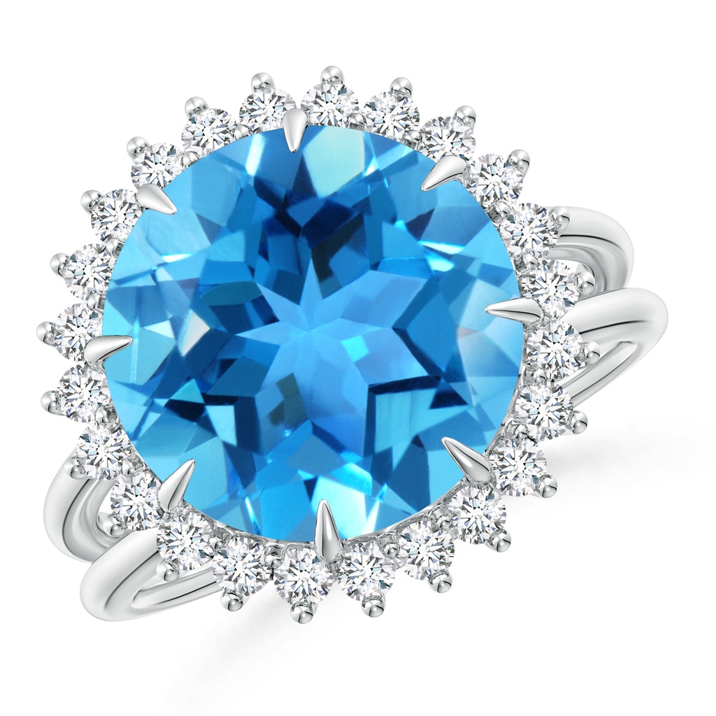 12mm AAA Classic Swiss Blue Topaz Ring with Diamond Halo in White Gold