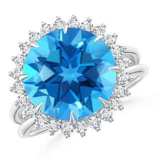 12mm AAAA Classic Swiss Blue Topaz Ring with Diamond Halo in P950 Platinum