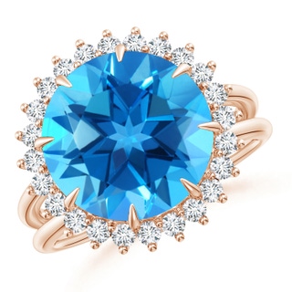 12mm AAAA Classic Swiss Blue Topaz Ring with Diamond Halo in Rose Gold