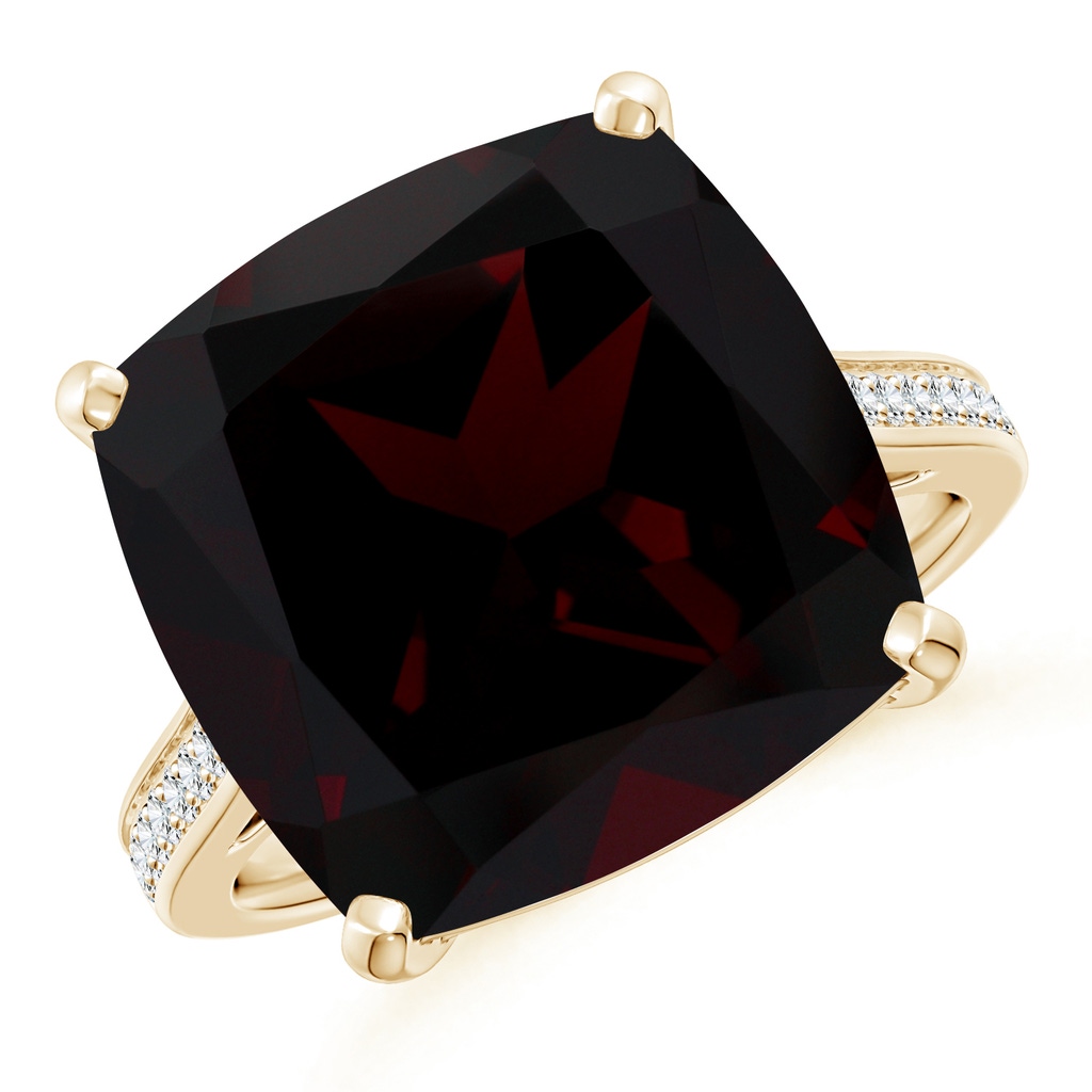 14.04x14.06x8.38mm AAAA GIA Certified Cushion Garnet Ring with Diamond Accents in Yellow Gold