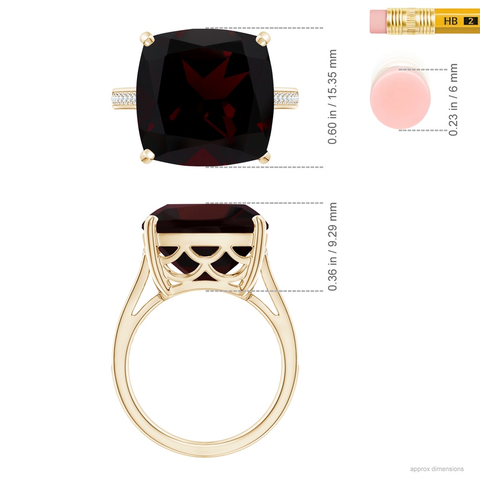 14.04x14.06x8.38mm AAAA GIA Certified Cushion Garnet Ring with Diamond Accents in Yellow Gold ruler