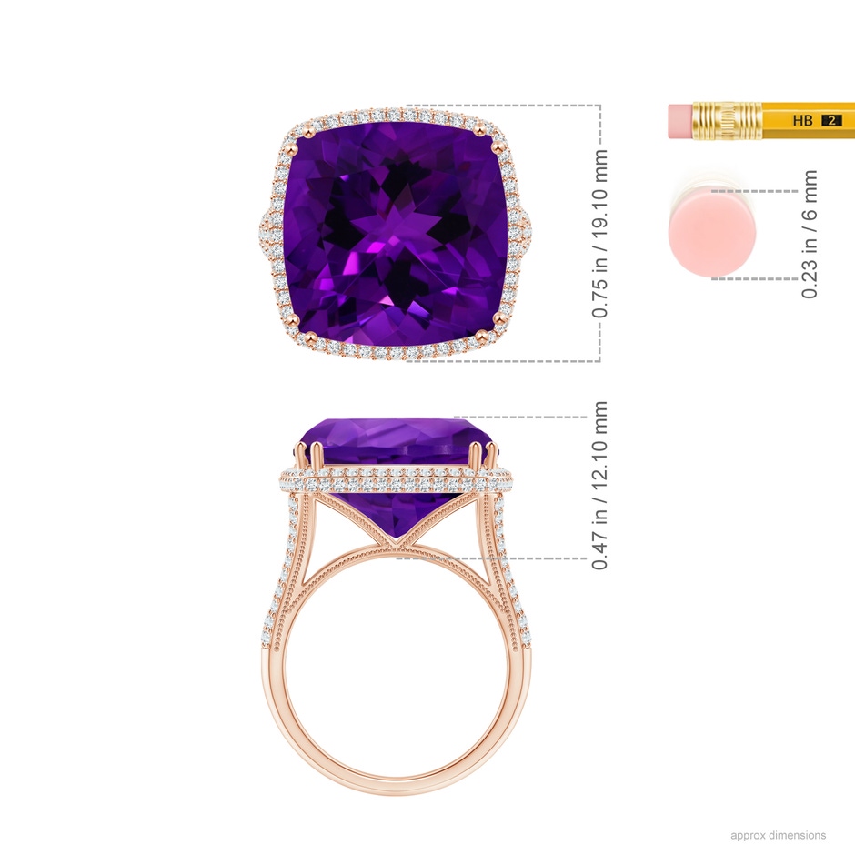 15.02x14.95x10.08mm AAA GIA Certified Rectangular Cushion Amethyst Ring with Diamond Halo in 18K Rose Gold ruler
