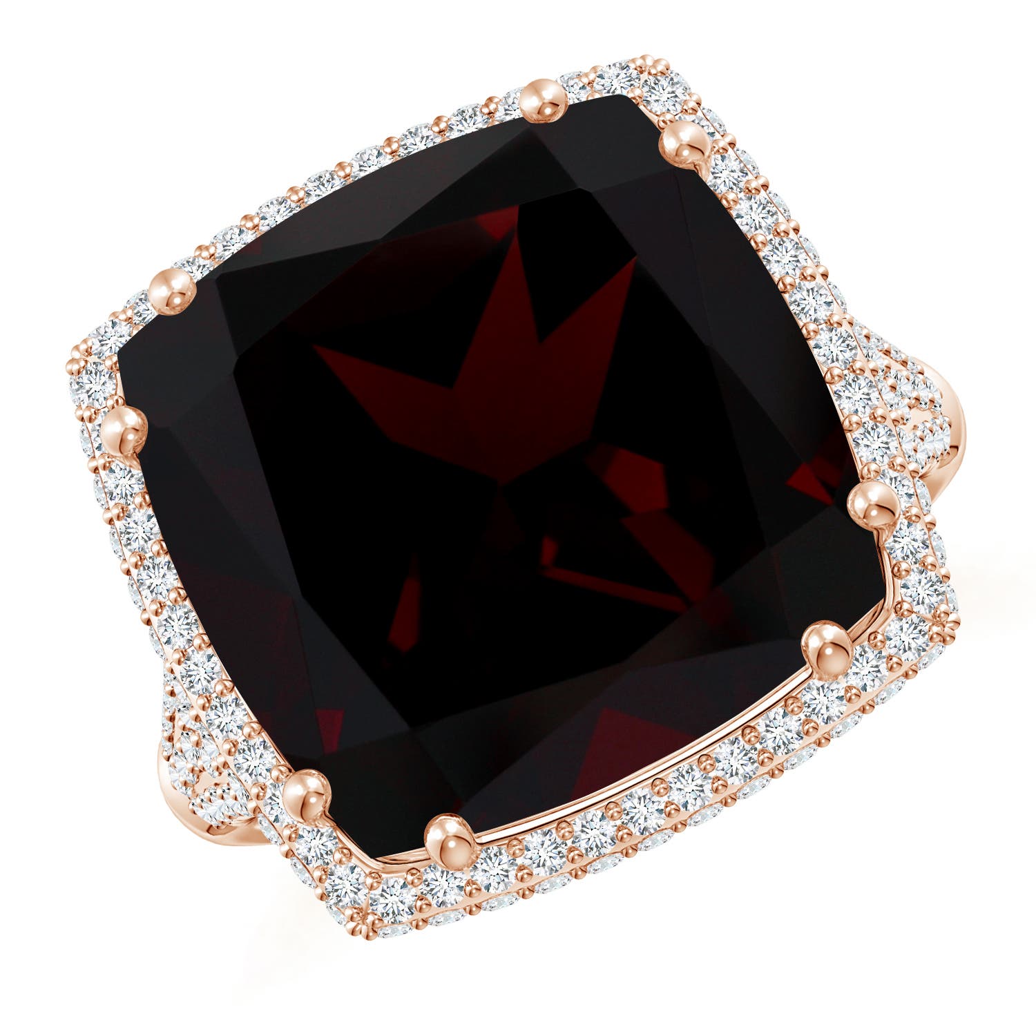 14.04x14.06x8.38mm AAAA GIA Certified Cushion Garnet Ring with Diamond Halo in Rose Gold