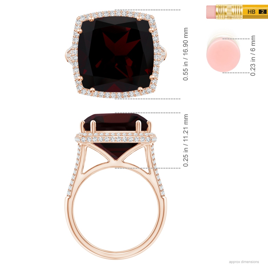 14.04x14.06x8.38mm AAAA GIA Certified Cushion Garnet Ring with Diamond Halo in Rose Gold ruler