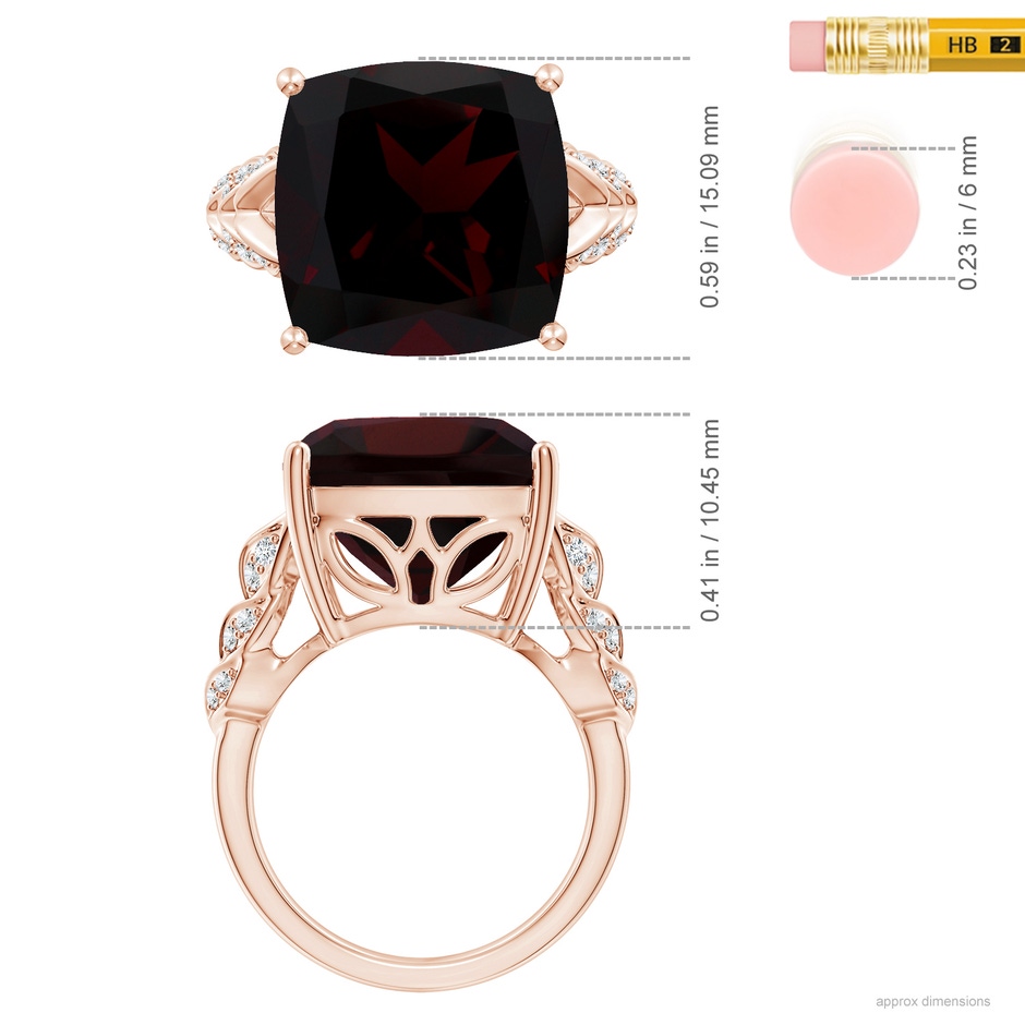 14.04x14.06x8.38mm AAAA GIA Certified Cushion Garnet Ring with Leaf Motifs in 18K Rose Gold ruler