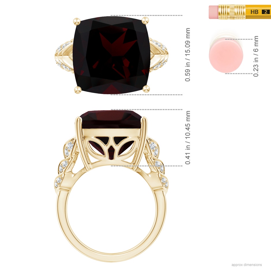 14.04x14.06x8.38mm AAAA GIA Certified Cushion Garnet Ring with Leaf Motifs in 18K Yellow Gold ruler