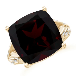 14.04x14.06x8.38mm AAAA GIA Certified Cushion Garnet Ring with Leaf Motifs in 9K Yellow Gold