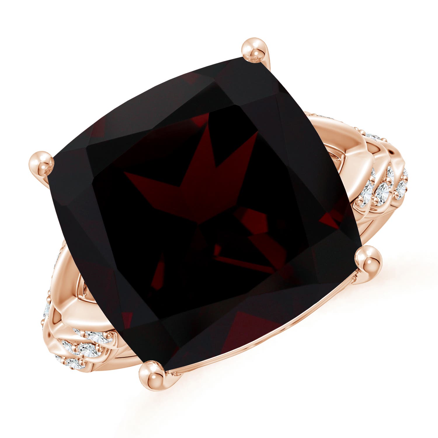 14.04x14.06x8.38mm AAAA GIA Certified Cushion Garnet Ring with Leaf Motifs in Rose Gold