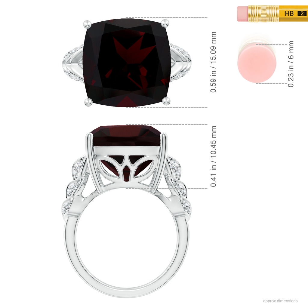 14.04x14.06x8.38mm AAAA GIA Certified Cushion Garnet Ring with Leaf Motifs in White Gold ruler