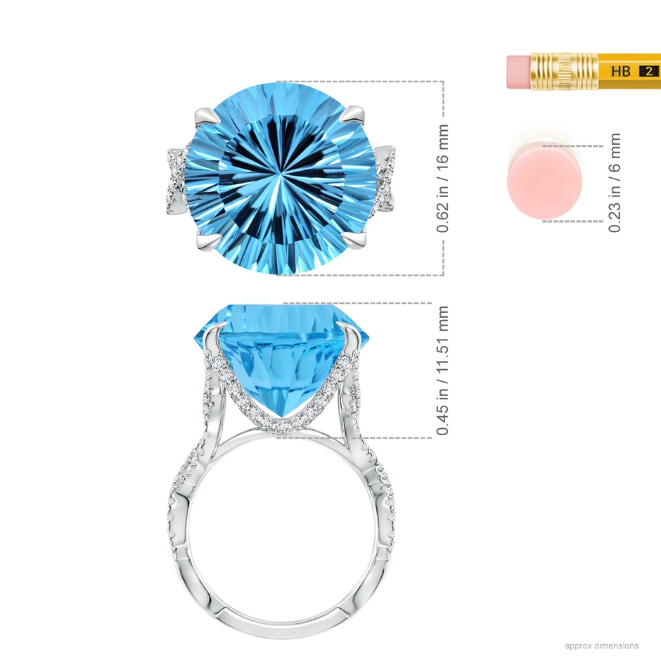 15.97x16.13x10.34mm AA GIA Certified Round Sky Blue Topaz Twisted Split Shank Ring in White Gold ruler