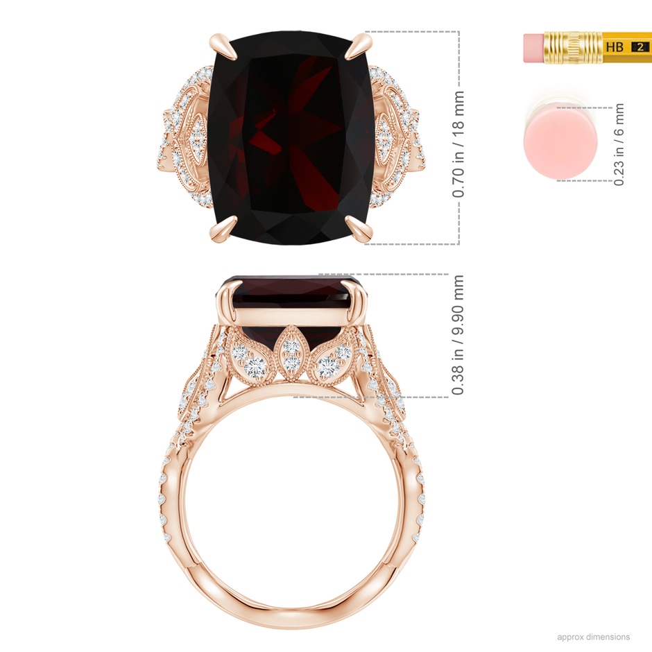 18x13.08x7.57mm AAA GIA Certified Rectangular Cushion Garnet Twisted Shank Ring in Rose Gold ruler