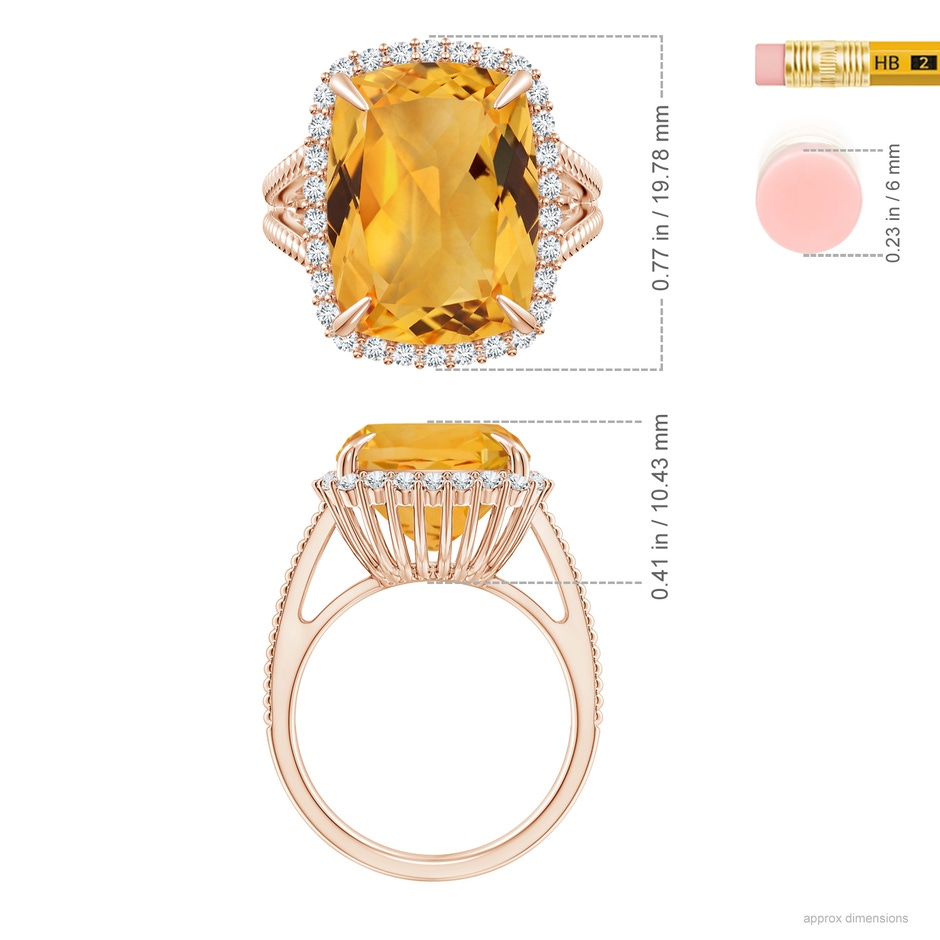 15.86x11.95x7.11mm A GIA Certified Cushion Citrine Split Shank Halo Ring. in 10K Rose Gold ruler