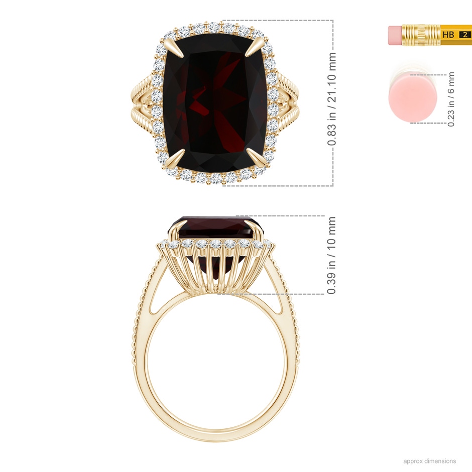 18x13.08x7.57mm AAA GIA Certified GIA Certified Rectangular Cushion Garnet Split Shank Halo Ring in Yellow Gold ruler