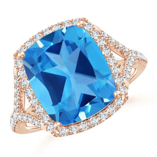 12.06x9.92x6.12mm AAAA GIA Certified Rectangular Cushion Swiss Blue Topaz Split Shank Ring in 10K Rose Gold