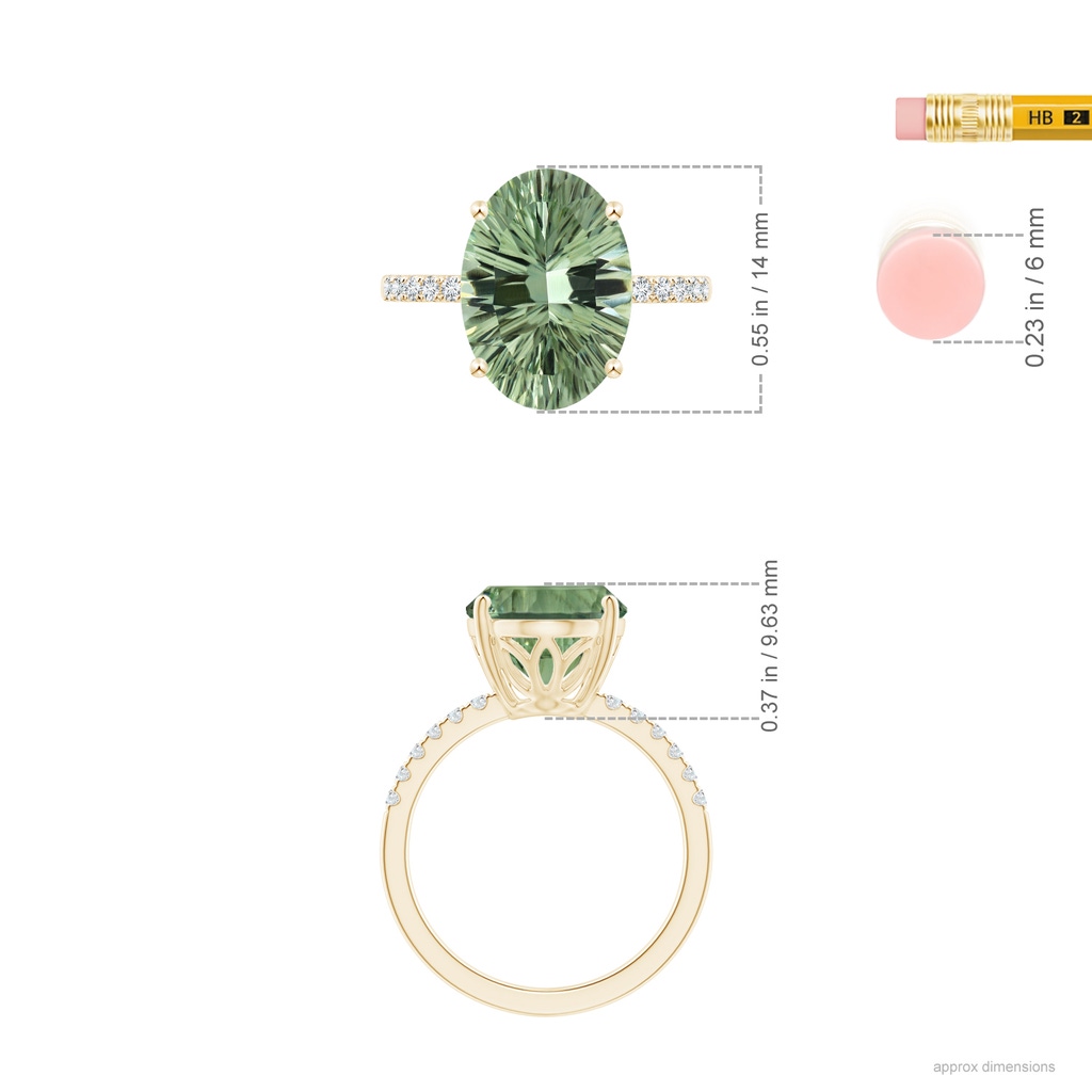 14.20x10.12x7.01mm AAAA GIA Certified Oval Green Amethyst Ring with Diamond Accents in Yellow Gold ruler