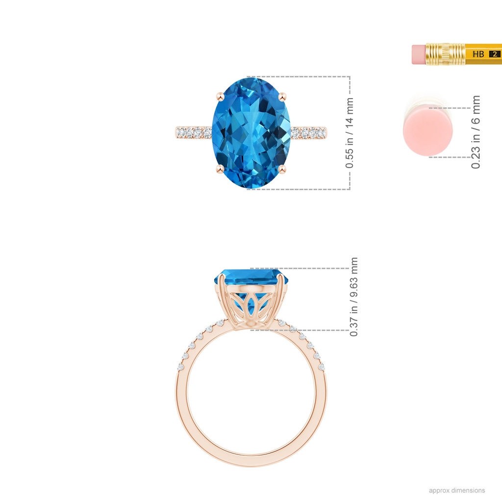14.04x9.94x6.68mm AAA GIA Certified Oval Swiss Blue Topaz Ring with Diamond Accents in Rose Gold ruler