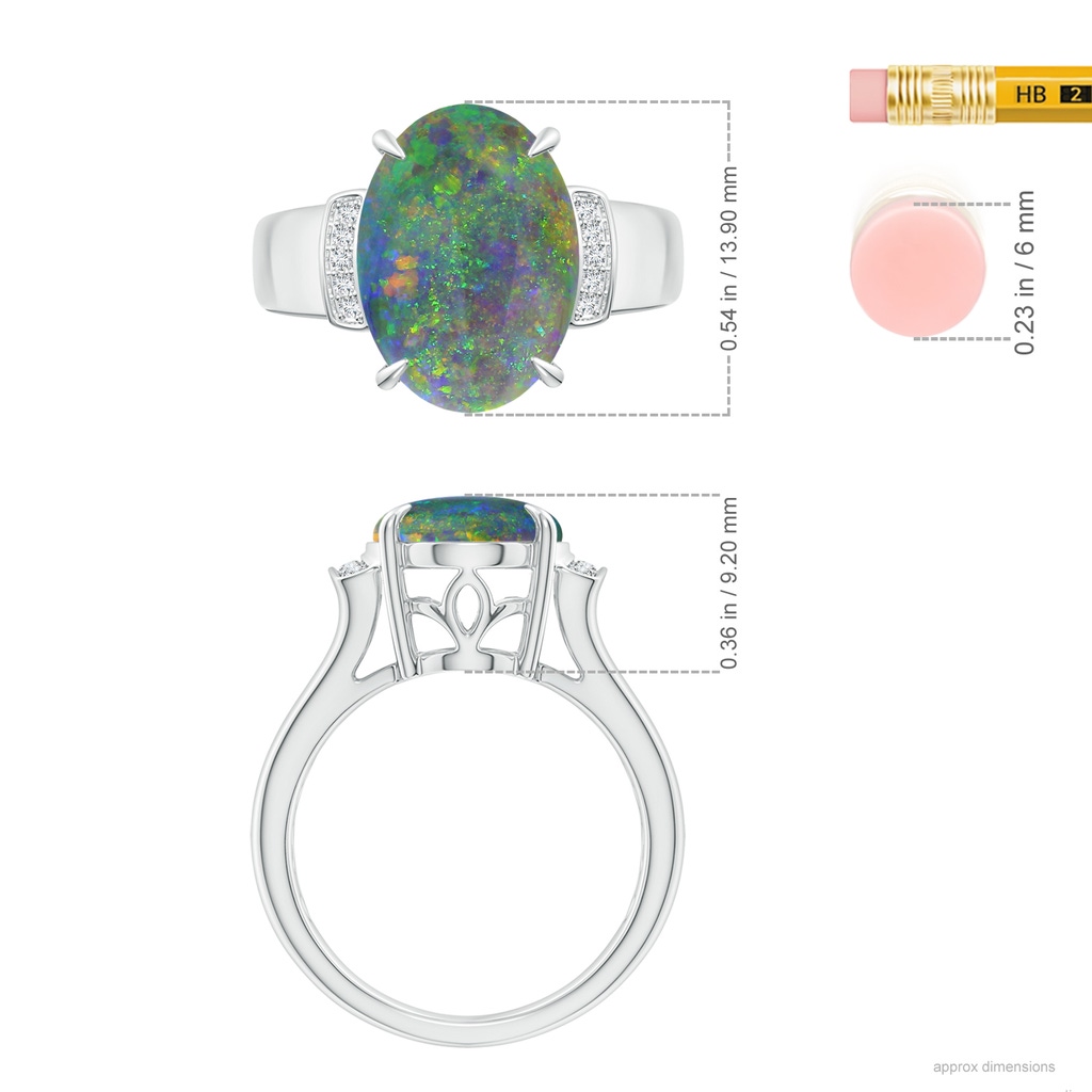 13.63x9.76x5.15mm AAA GIA Certified Oval Black Opal Ring with Diamond Accents in 18K White Gold ruler