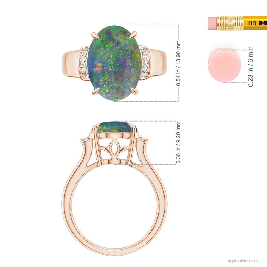 13.63x9.76x5.15mm AAA GIA Certified Oval Black Opal Ring with Diamond Accents in Rose Gold ruler