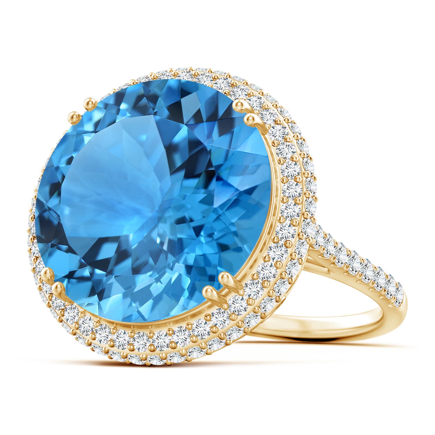 Angara 20.26 CTW GIA Certified Round Swiss Blue Topaz Double Halo Ring - 20.3 CT TW in 18K Yellow Gold