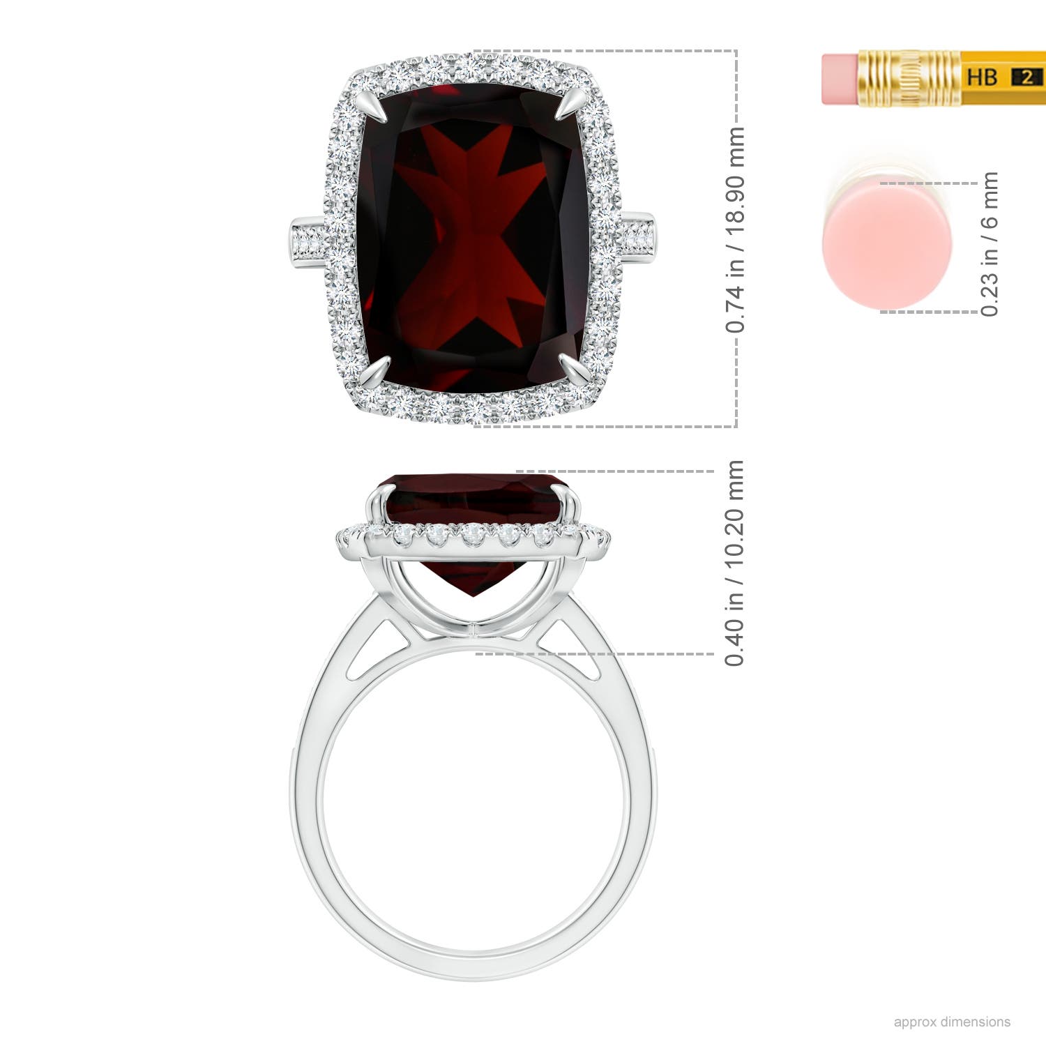 15x12.7mm A GIA Certified Garnet Two Tone Cocktail Ring with Halo in 18CT White Gold - ruler
