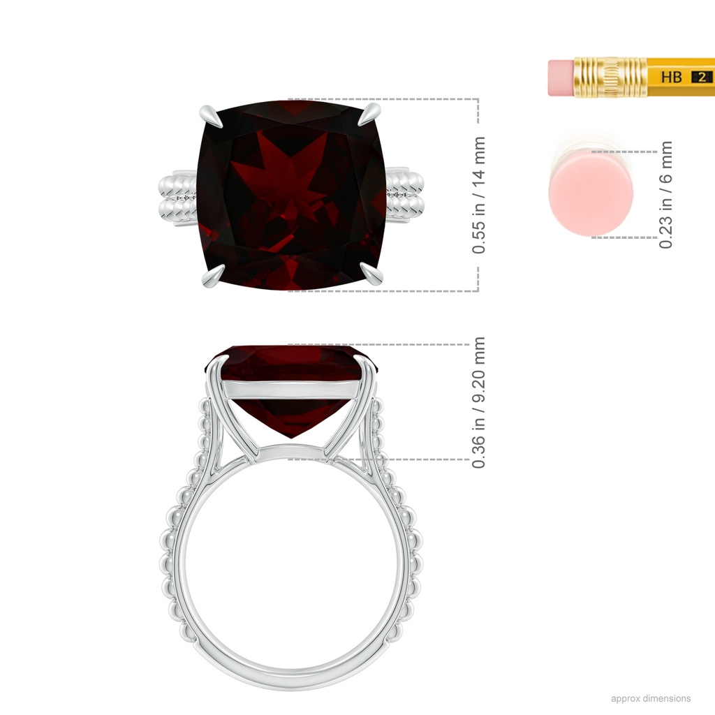 14.04x14.02x8.25mm AAAA Solitaire GIA Certified Cushion Garnet Beaded Shank Ring - 12.4 CT TW in 18K White Gold ruler