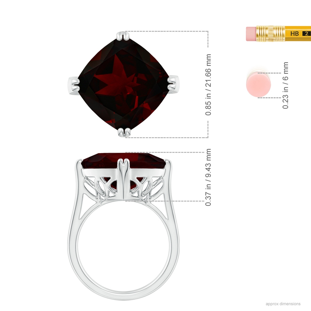 14.04x14.02x8.25mm AAAA GIA Certified Cushion Garnet Solitaire Cocktail Ring - 12.4 CT TW in White Gold ruler