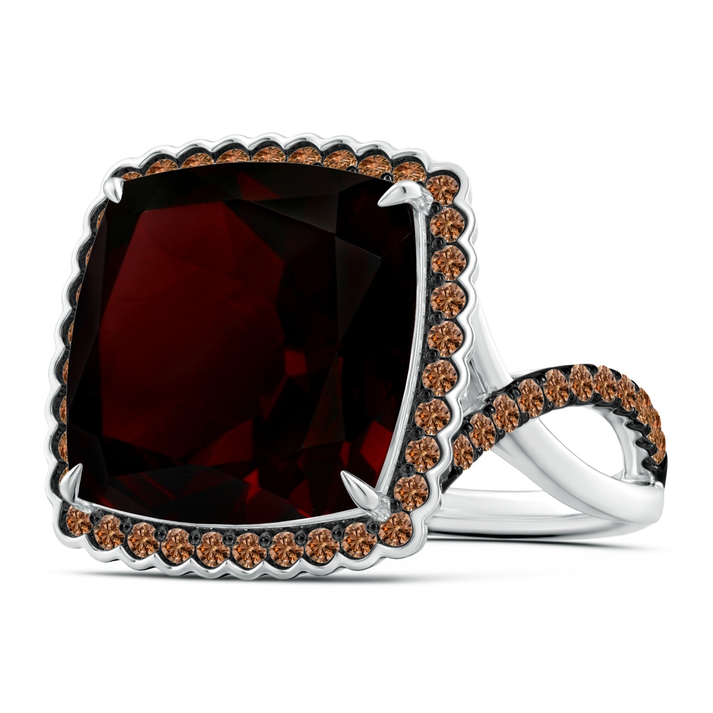 14.04x14.02x8.25mm AAAA GIA Certified Cushion Garnet Ring with Coffee Diamond Halo - 13.1 CT TW in 18K White Gold 