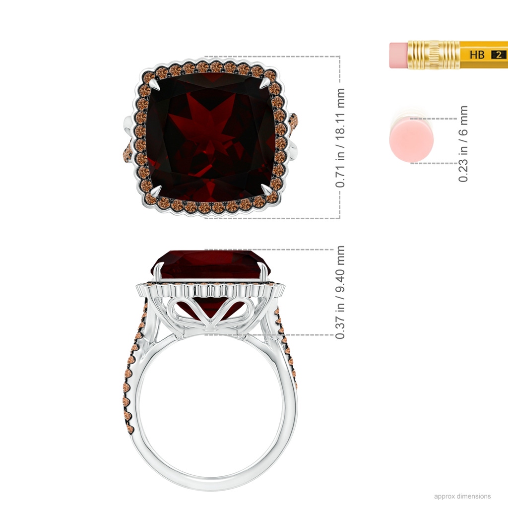 14.04x14.02x8.25mm AAAA GIA Certified Cushion Garnet Ring with Coffee Diamond Halo - 13.1 CT TW in White Gold ruler