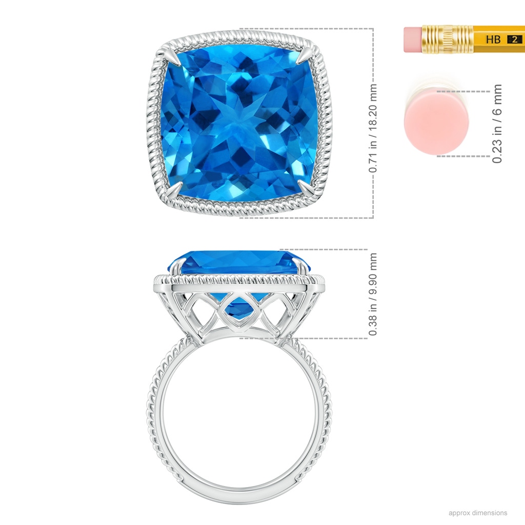 16.05x16.02x10.74mm AAAA Classic GIA Certified Cushion Swiss Blue Topaz Twist Cocktail Ring in 18K White Gold ruler