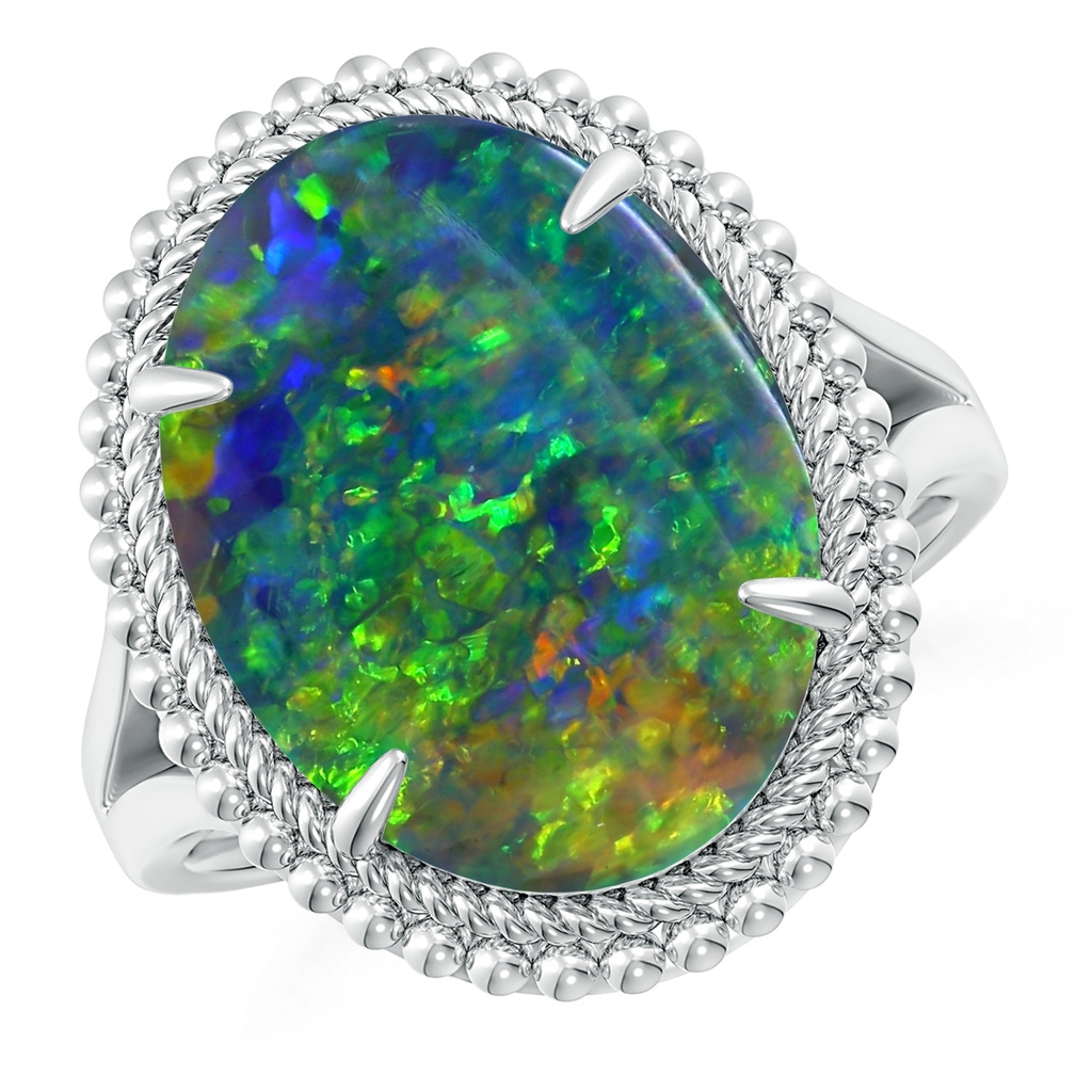 15.92x10.55x4.21mm AAAA GIA Certified Oval Black Opal Cocktail Ring with Beaded Halo in 18K White Gold