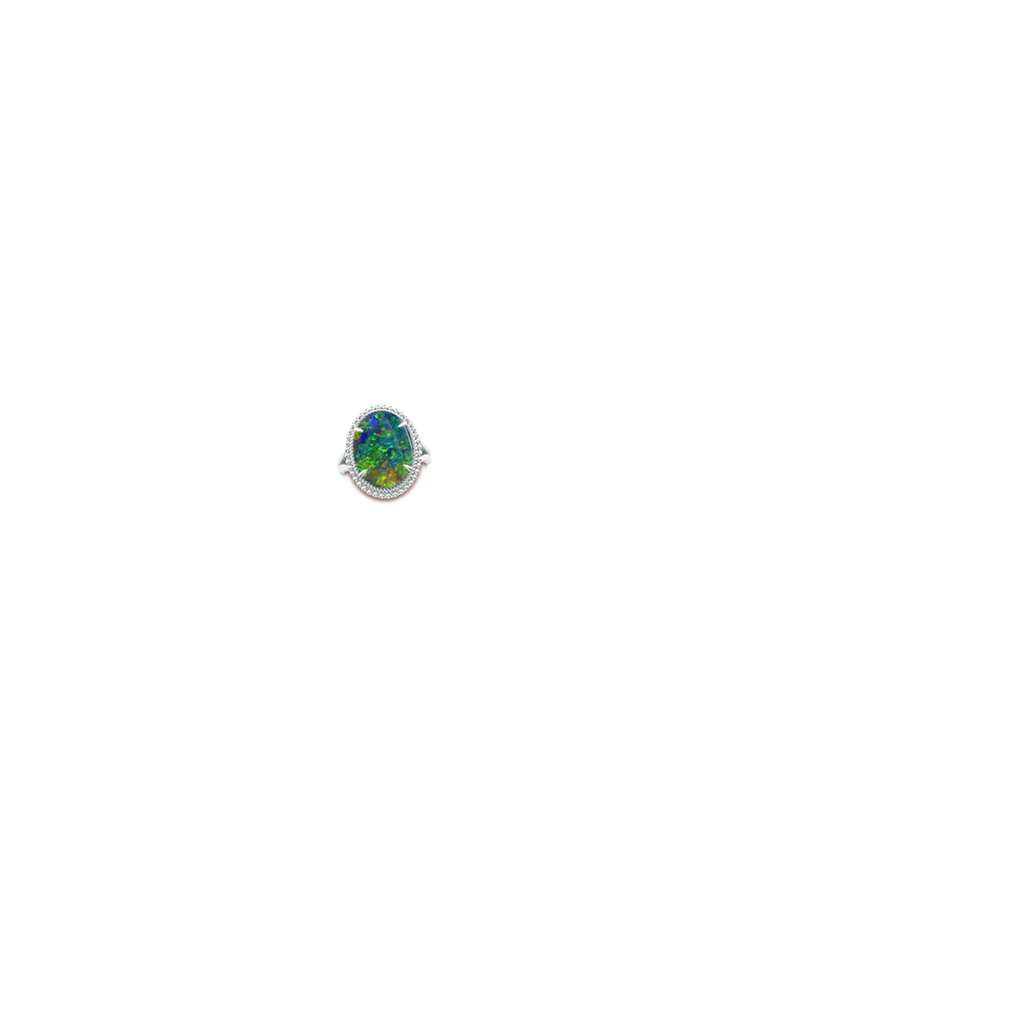 15.92x10.55x4.21mm AAAA GIA Certified Oval Black Opal Cocktail Ring with Beaded Halo in 18K White Gold Body-Hand